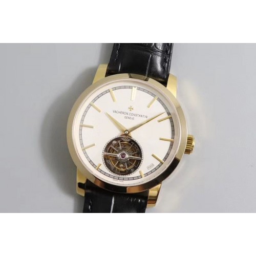 Vacheron Constantin 6000T/000R/B346 The Patrimony Tourbillon YG/LE White Dial Black Leather Strap