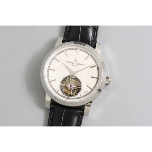 Vacheron Constantin 6000T/000R/B346 The Patrimony Tourbillon SS/LE White Dial Diamond Bezel Black Leather Strap