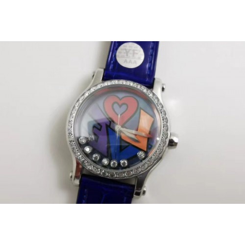 Chopard Happy Love 278559 36MM YF Best Edtion SS/LE Diamond Bezel Blue Leather Strap Automatic Movement