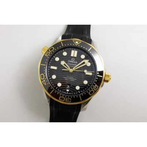 Omega Seamaster Diver 300M SS/YG VSF 1:1 Best Edition YG Bezel Black Dial on Black Rubber Strap A8800