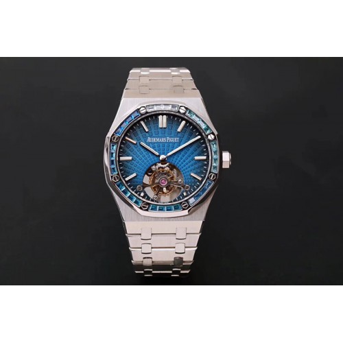 Audemars Piguet Royal Oak Tourbillon 26516PT R8F Best Edition Blue Diamond Bezel Blue Sunburst Tapisserie Dial on SS Bracelet Ca