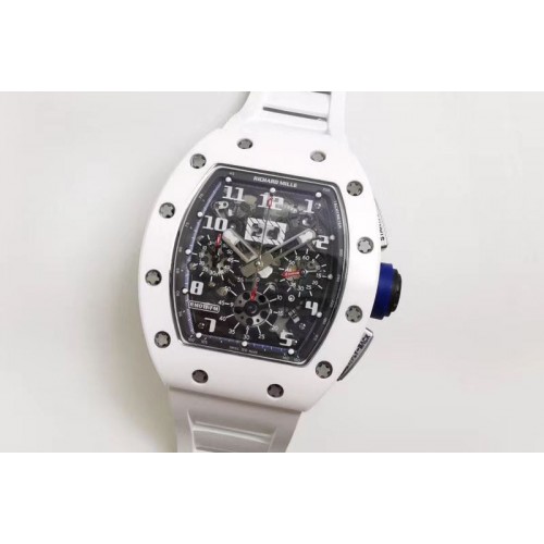 Richard Mille RM011 Real White Ceramic Chronograph KVF 1:1 Best Edition Crystal Skeleton Dial Blue on White Rubber Strap A7750