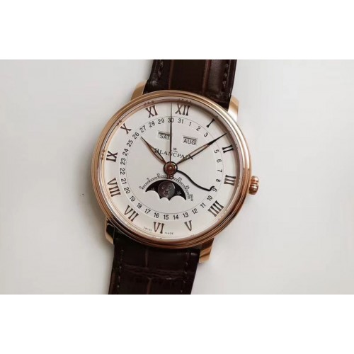 Blancpain Villeret 6654 RG Complicated Function OMF 1:1 Best Edition White Textured Dial on Brown Leather Strap A6654 V2