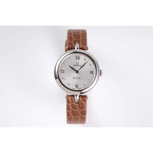 Ladies Omega 424.13.27.60.55.001 De Ville Prestige GS Best Edtion SS/LE MOP White Dial Brown Strap Swiss Quartz Watches