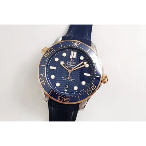 Omega 2018 Seamaster Diver 300M SS/RG VSF 1:1 Best Edition RG Bezel Blue Dial on Blue Rubber Strap A8800