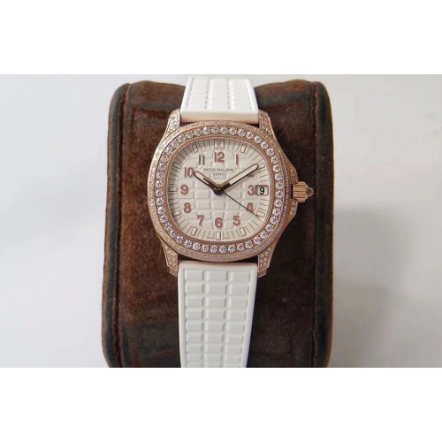 Patek Philippe Aquanaut 5068 RG Full Paved Diamonds PPF 1:1 Best Edition White Textured Dial on White Rubber Strap 324CS