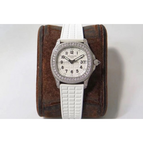 Patek Philippe Aquanaut 5068 SS Full Paved Diamonds PPF 1:1 Best Edition White Textured Dial on White Rubber Strap 324CS