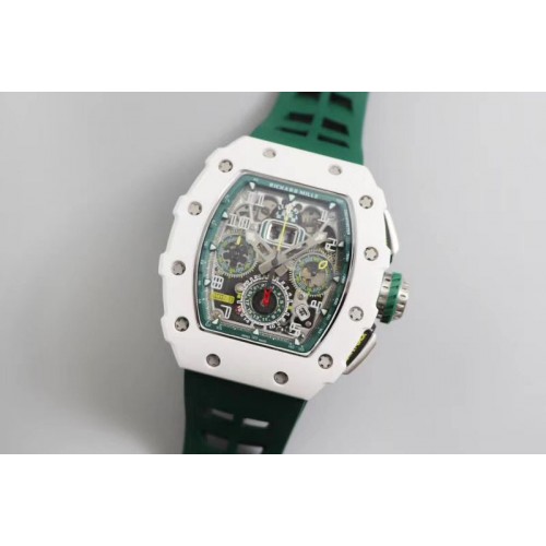 Richard Mille RM011 Real White Ceramic Chronograph KVF 1:1 Best Edition Crystal Skeleton Dial Green on Green Rubber Strap A7750
