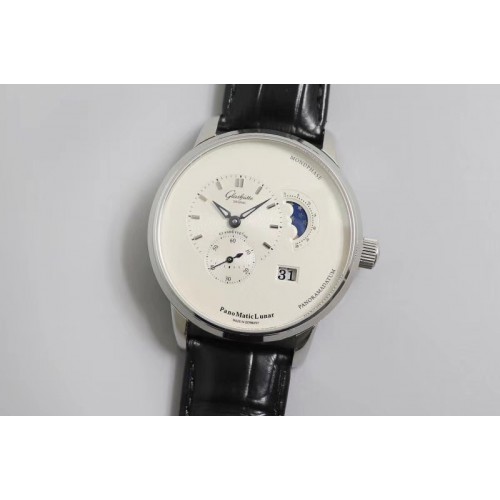 Glashutte PanoMaticLunar SS TZF White Dial on Black Leather Strap A23J