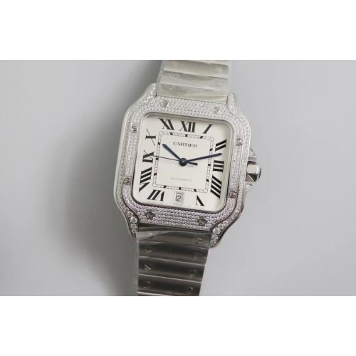 Santos de Cartier 40mm A8 1:1 Best Edition Diamond Bezel White Dial on SS SmartLinks Bracelet A2892