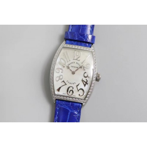 Franck Muller Casablanca SS Full Paved Diamonds Mop White Dial on Blue Leather Strap Swiss Quartz