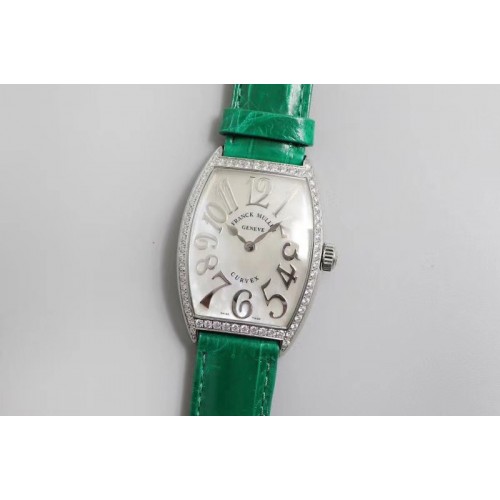 Franck Muller Casablanca SS Full Paved Diamonds Mop White Dial on Green Leather Strap Swiss Quartz