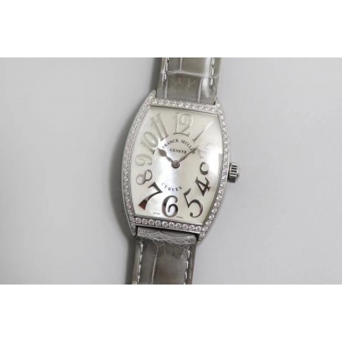 Franck Muller Casablanca SS Full Paved Diamonds Mop White Dial on Gray Leather Strap Swiss Quartz