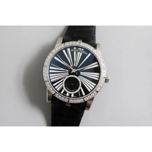 Roger Dubuis Excalibur 36mm SS PF 1:1 Best Edition Black Dial Diamonds Bezel on Black Leather Strap A830