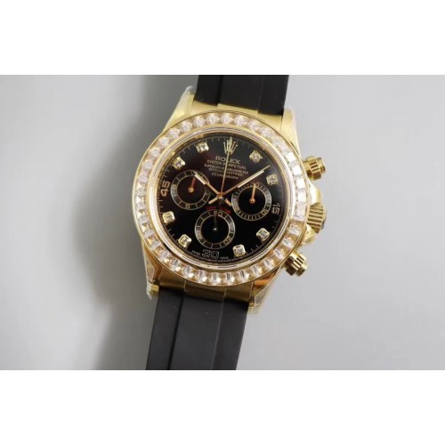 Rolex Daytona YG JHF Best Edition Black Dial Diamonds Bezel on Black Rubber Strap A4130