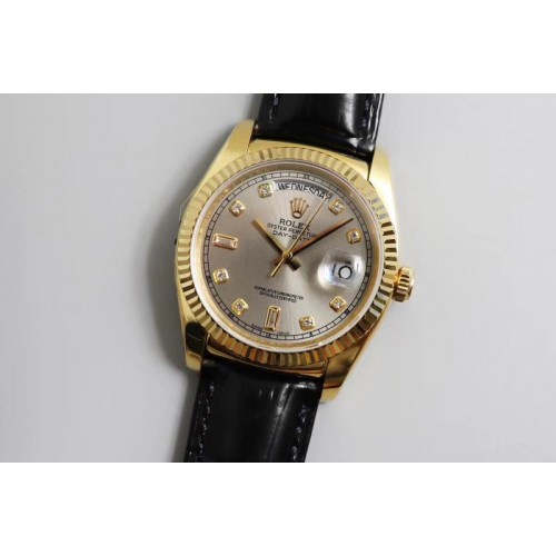 Rolex Day-date 36mm TR Best Edtion YG/LE Silver Dial Brown Leather Strap A2836