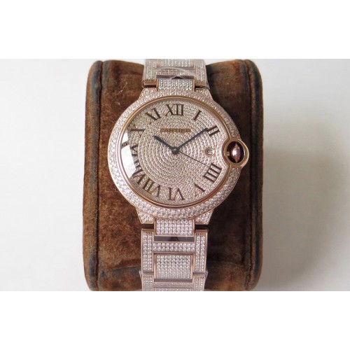 Cartier Ballon Bleu 42mm RG Full Paved Diamonds Dial on Diamonds Paved Bracelet MIYOTA 9015