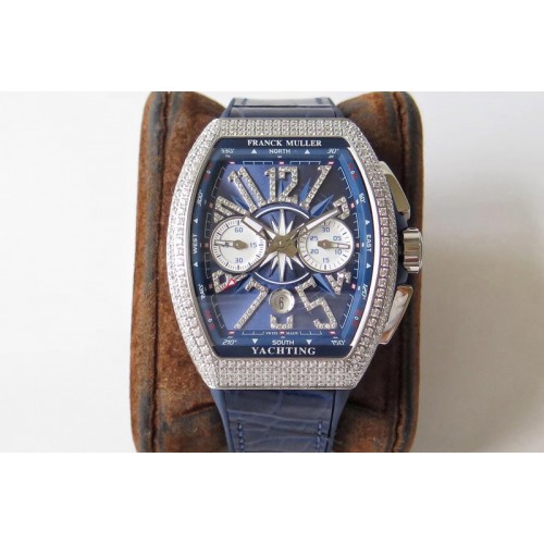 Franck Muller Vanguard V45 Chrono SS Full Diamonds OXF Best Edition Blue Textured Dial on Blue Gummy Strap A7750 Franck Muller Vanguard V45 Chrono SS Full Diamonds OXF Best Edition Blue Textured Dial on Blue Gummy Strap A7750