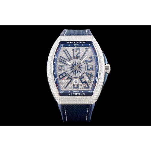 Franck Muller Vanguard V45 SS Full Paved Diamonds OXF Full Diamonds Dial on Blue Gummy Strap A2824