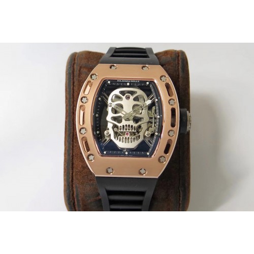 Richard Mille RM052 RG Real Tourbillon EURF Best Edition Skeleton Skull Dial on Black Rubber Strap