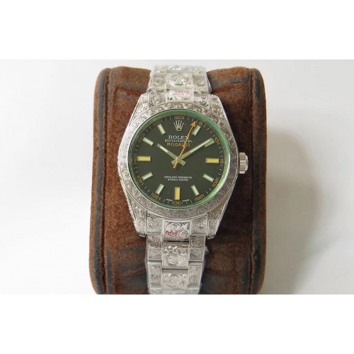 Rolex Milgauss 116400 GV Real Green Sapphire 904L DJF 1:1 Best Edition Engraved Case Black Dial on 904L SS Bracelet A2824
