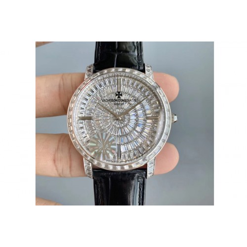 Vacheron Constantin Patrimony 82760 40mm SS Full Diamonds Bezel Diamonds Dial on Black Leather Strap MIYOTA 9015