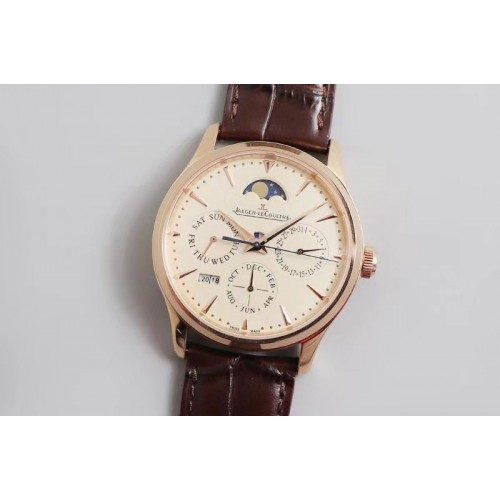 Jaeger-LeCoultre Master Ultra Thin Perpetual Calendar RG V9F 1:1 Best Edition White Dial on Brown Leather Strap A868