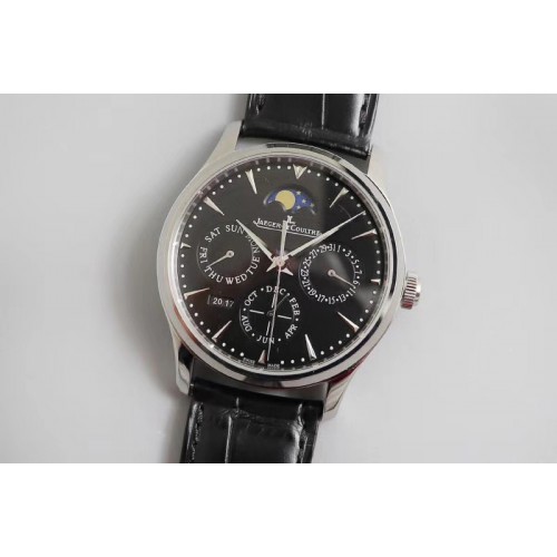 Jaeger-LeCoultre Master Ultra Thin Perpetual Calendar SS V9F 1:1 Best Edition Black Dial on Black Leather Strap A868