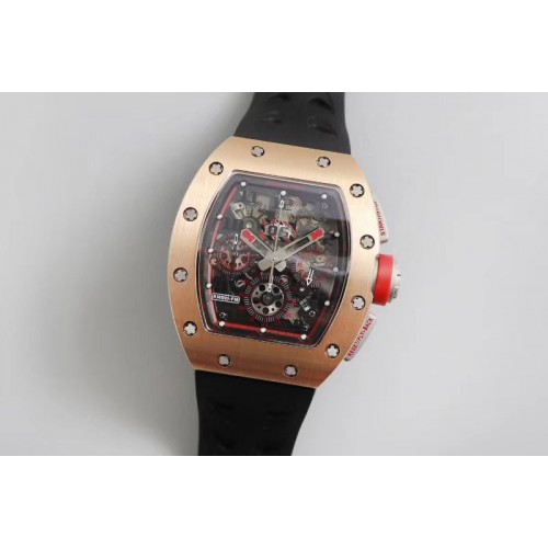 Richard Mille RM011-FM Chronograph Rose Gold Case KVF 1:1 Best Edtion Crystal Skeleton Dial On Black Rubber Strap A7750