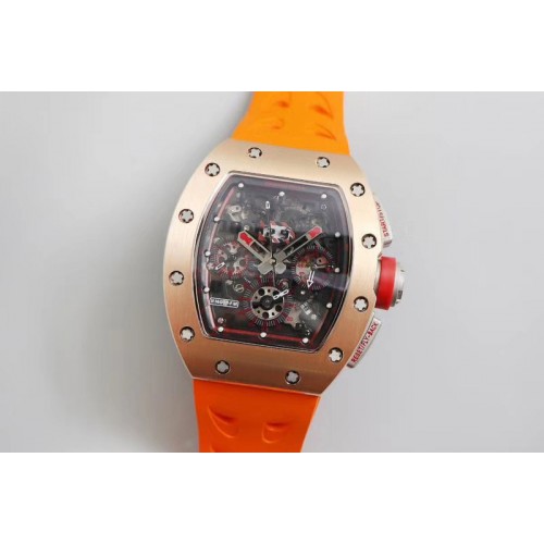 Richard Mille RM011-FM RG Chronograph Rose Gold Case KVF 1:1 Best Edtion Crystal Skeleton Dial On Orange Rubber Strap A7750