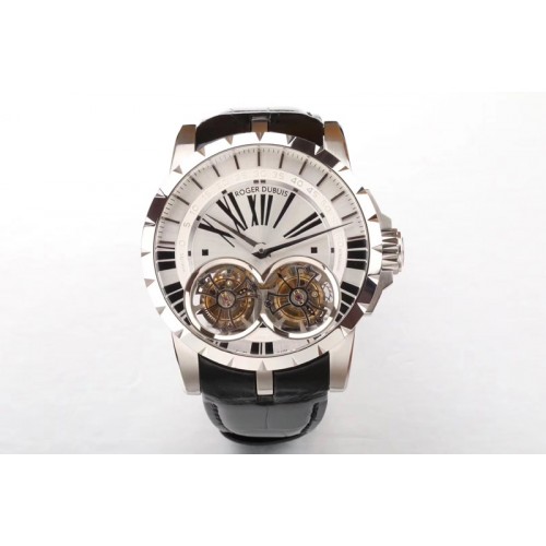 Roger Dubuis Excalibur RDDBEX0280 SS REAL Double Flying Tourbillon JBF White Dial on Brown Croco Leather Strap