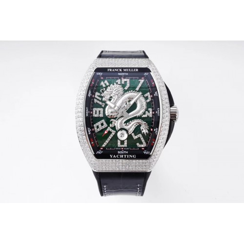 Franck Muller Vanguard V45 SS Full Diamonds ABF Best Edition Green Textured Dial Diamonds Markers With Dragon on Black Gummy Str