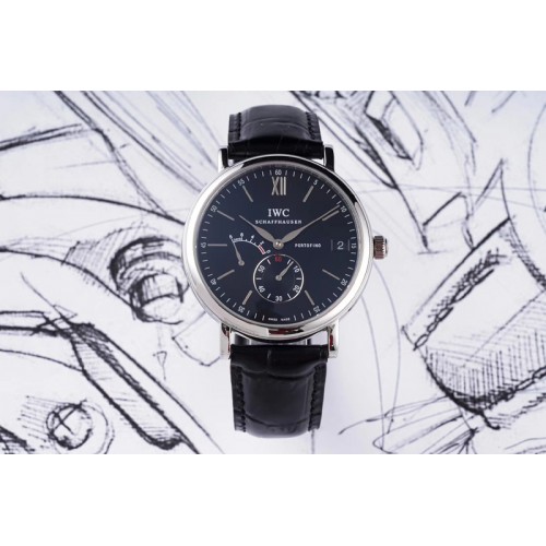 IWC Portofino Fake Power Reserve SS Black Dial on Black Leather Strap A23J