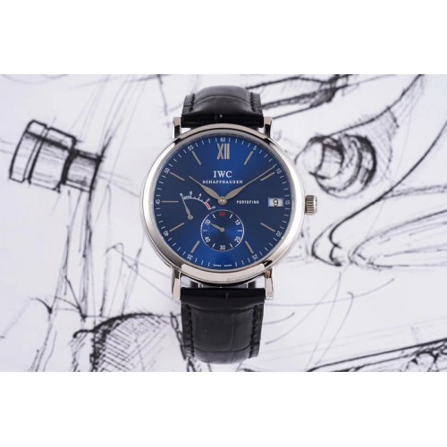 IWC Portofino Fake Power Reserve SS Blue Dial on Black Leather Strap A23J