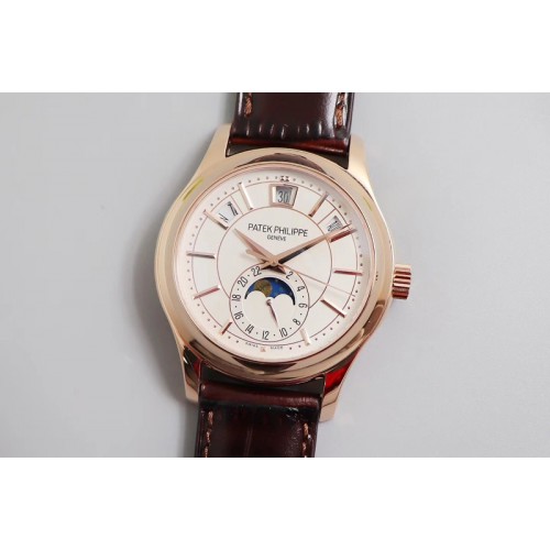 Patek Philippe Annual Calendar 5205G Rose Gold GRF Best Edition White Dial on Brown Leather Strap A324