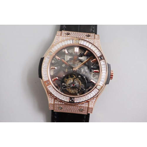 Hublot Classic Fusion Tourbillon 45mm RG JBF Best Edtion Skeleton Tourbillon Diamond Bezel on Black Gummy Strap Hub6010