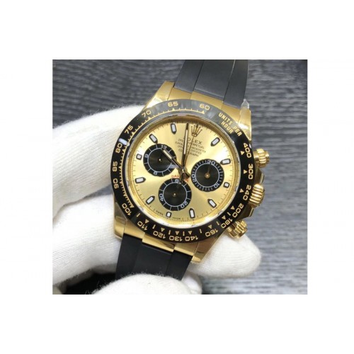 Rolex Daytona 116518 Noob 1:1 Best Edition YG Plated 904L SS Case YG/Black Dial on Black Rubber Strap SA4130 V3 (Free Extra Stra