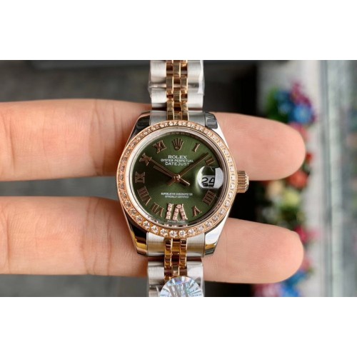 Ladies Rolex Datejust 28mm 279174 WF Best Edtion SS/RG Green Dial Diamond Bezel Roman Marker on SS/RG Jubilee Bracelet Eta2671