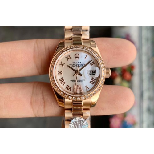 Ladies Rolex Datejust 28mm 279174 WF Best Edtion RG Mop White Dial Diamond Bezel Roman Marker on RG President Bracelet Eta2671