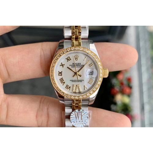 Ladies Rolex Datejust 28mm 279174 WF Best Edtion SS/YG Mop White Dial Diamond Bezel Roman Marker on SS/RG Jubilee Bracelet Eta26