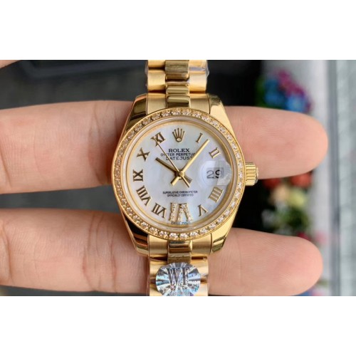 Ladies Rolex Datejust 28mm 279174 WF Best Edtion YG Mop White Dial Diamond Bezel Roman Marker on YG President Bracelet Eta2671