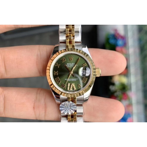 Ladies Rolex Datejust 28mm 279174 WF Best Edtion SS/YG Green Dial Fluted Bezel Roman Marker on SS/RG Jubilee Bracelet Eta2671