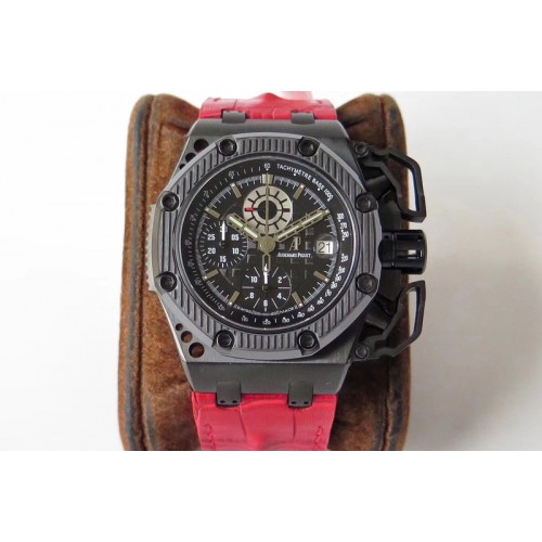Audemars Piguet Royal Oak Offshore Survivor DLC Noob 1:1 Best Edition Black Dial On Red Leather Strap(Free Rubber Strap)