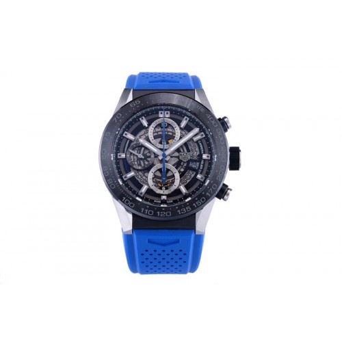 Tag Heuer Calibre Heuer 01 Chrono SS/PVD XF 1:1 Best Edition Skeleton Dial Blue Hand on Blue Rubber Strap A1887