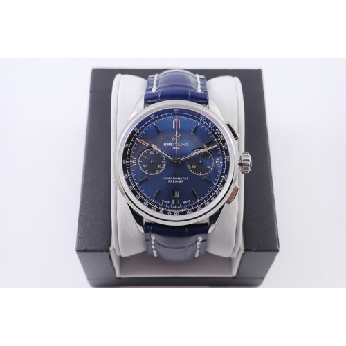 Breitling Premier B01 Chronograph 42 Steel Watch GF Best Edtion in Blue Dial and Blue Leather With A7750