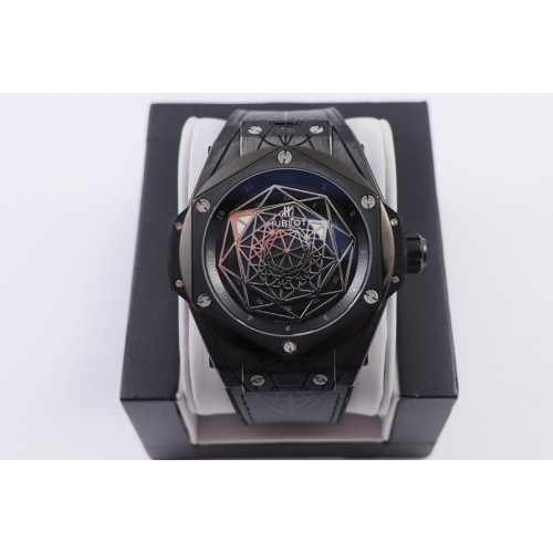 Hublot Big Bang Sang Bleu DLC Ti WWF 1:1 Best Edition Black Skeletonal Dial On Black Gummy Strap Asian HB1213