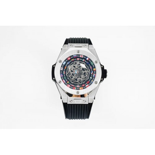 Hublot Big Bang Unico Sang Bleu SS HBF Flags Inner Bezel Skeleton Dial on Black Gummy Strap HUB1213