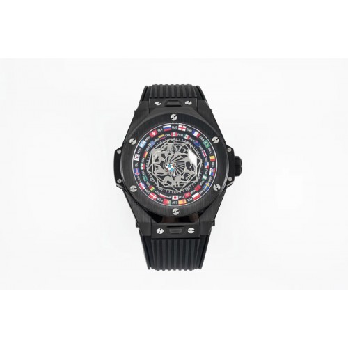 Hublot Big Bang Unico Sang Bleu PVD HBF Flags Inner Bezel Skeleton Dial on Black Gummy Strap HUB1213