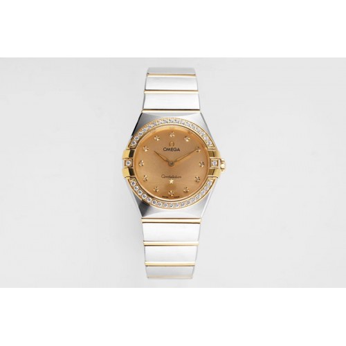 Omega Constellation Ladies SS/YG 28mm AF 1:1 Best Edition Diamonds Bezel Gold Dial Diamonds Markers on SS/YG Bracelet ETA Quartz