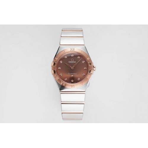 Omega Constellation Ladies SS/RG 28mm AF 1:1 Best Edition Brown Dial Diamonds Markers on SS/RG Bracelet ETA Quartz
